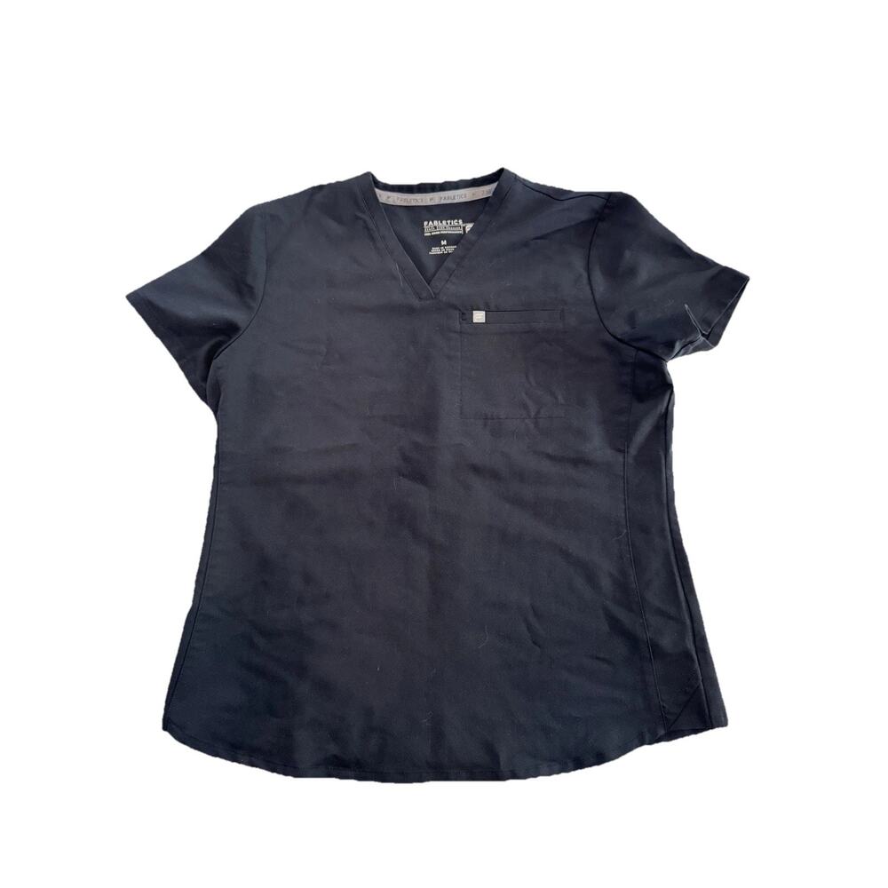 Fabletics Scrub Top Womens Medium M Black V-Neck Stretch Chest Pocket Pre-owned